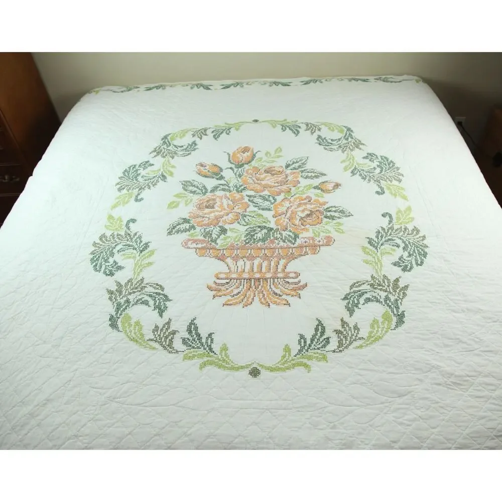 Vintage Needlepoint Bedspread Floral Cottagecore Granny Full 86
